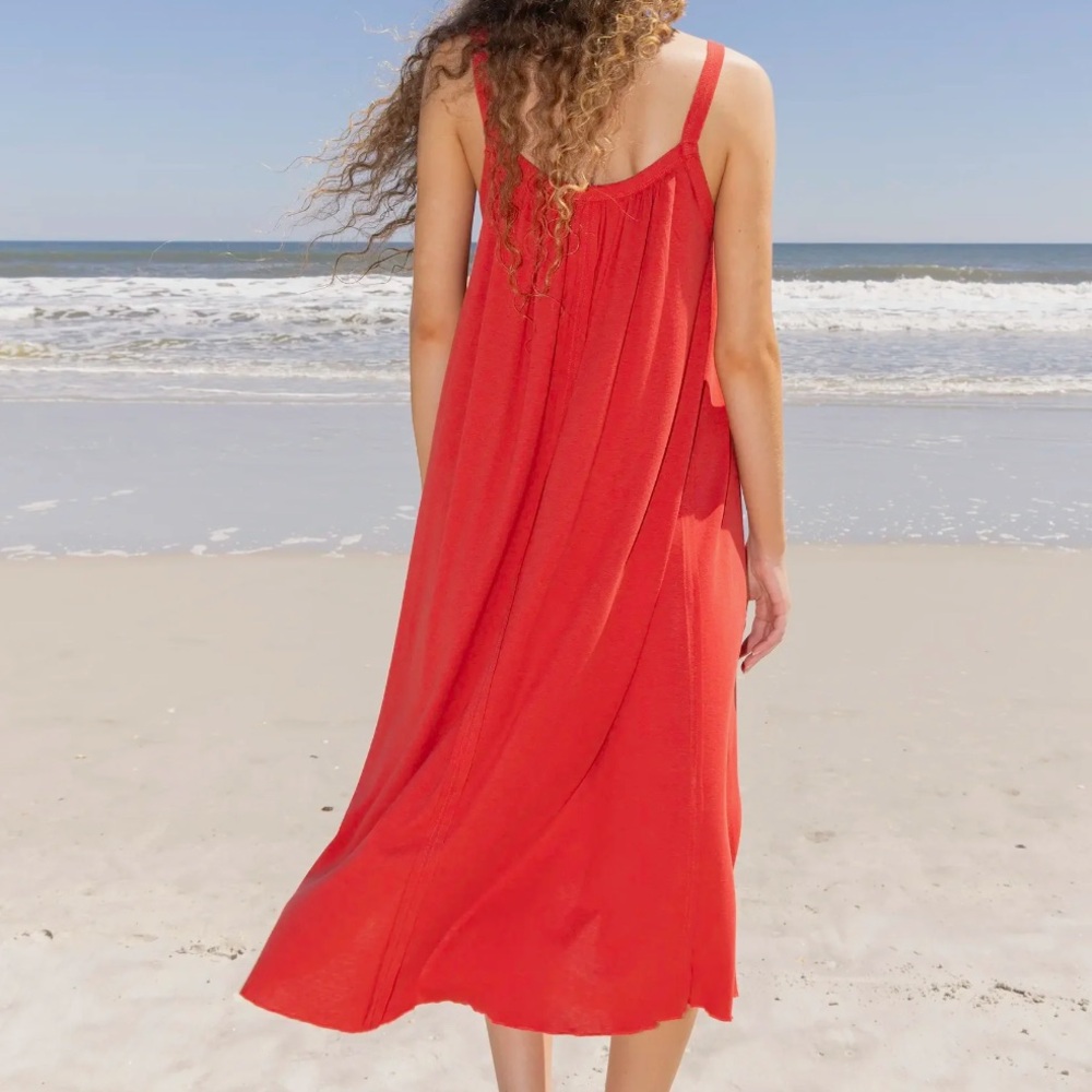 Relaxed Button Down MIDI Dress -  Red - Picture 2 of 10